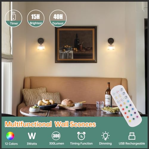 Vintage Battery Operated Wall Sconce with Transparent Tulip Glass Lampshade Rechargeable Battery Powered Black Wall Light with Remote Control for Bedside Bedroom Doorway