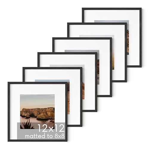 Solid Oak Wood 12”x12” Picture Frames Matted to 8”x8” Set of 6 (6 Count)