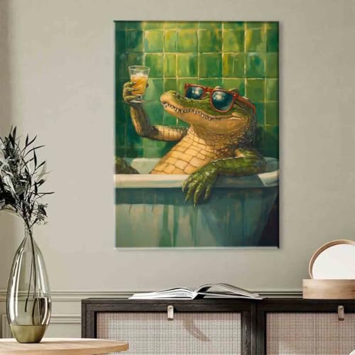 Funky Animals Wall Art Bathroom Humor Poster Animal in Bathtub Painting Aesthetic Cocktail Picture Crocodile Artwork 16x24inch framed