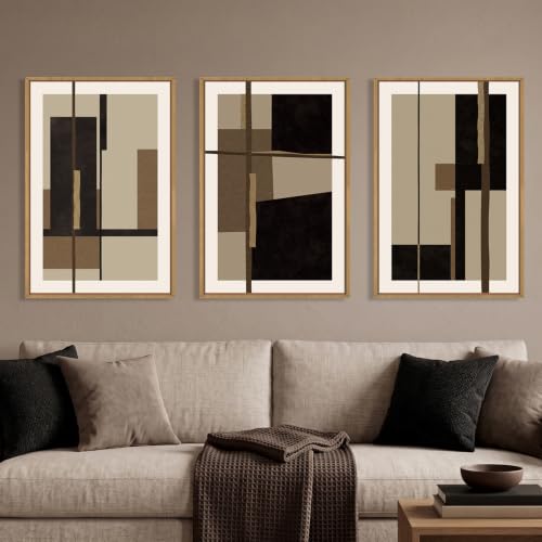 Abstract Black Brown Shapes Framed Canvas Wall Art Set