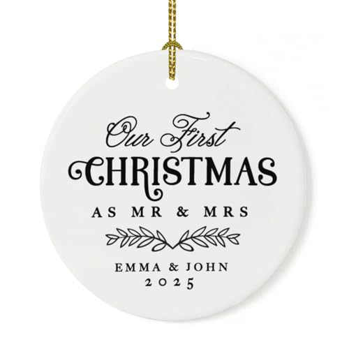 Personalized Our First Christmas As Mr. & Mrs. 2026 Christmas Ornaments Laurel Wreath Leaves 2.8" Round Porcelain Ceramic 1st Year Married Custom Ornament Keepsake for Newlyweds 1