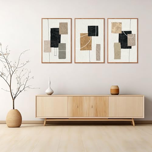 KAlRNE Neutral Abstract Wall Art Beige Block Lines Prints Set (3 Count)