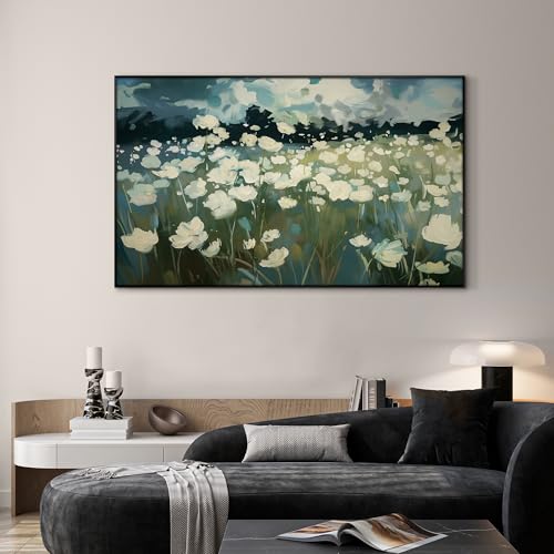 30"x60" Extra Large Framed Wall Art White Wildflower Field in Impressionist Style