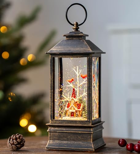 Christmas Snow Globe Lantern Water Glittering Cardinal & Church with Music & Timer