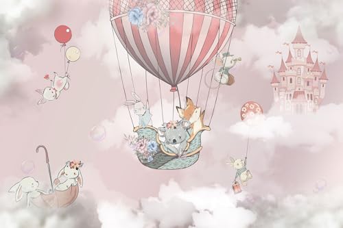 Animal Castle hot air Balloon Pink Wallpaper