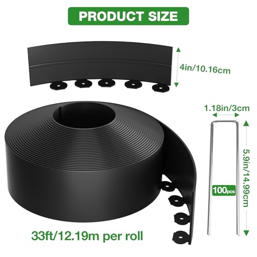 4in Tall 66ft Landscape Edging Kit with 100pcs Metal Spikes (66 Foot)