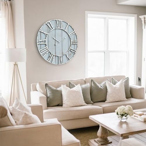 Large Farmhouse Wall Clock 24 Inch Vintage Blue Wooden Wall Clock with Quiet Ticking and Minimalist Roman Numerals for Bedroom Living Room Office Kitchen Home Decor