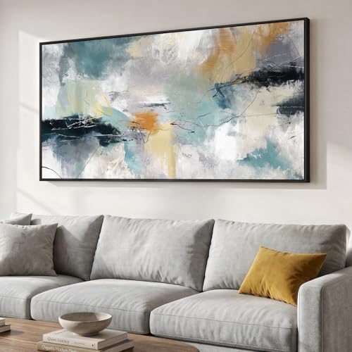 Large Framed Gray Teal Abstract Wall Art for Living Room