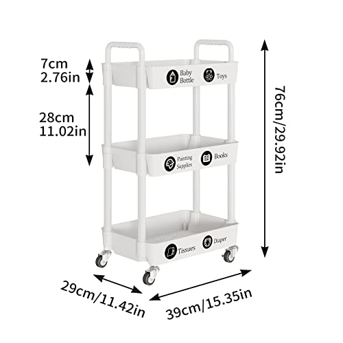 3 Tier Rolling Cart with Wheels (3 Count)