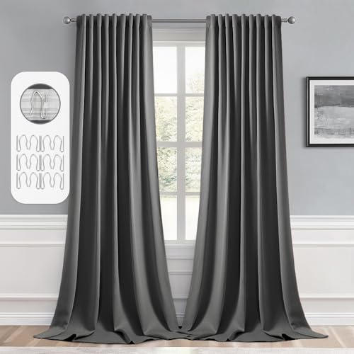 Grey Back Tab Blackout Curtains 52x96 Inch Long 2 Panels Set (2 Count)