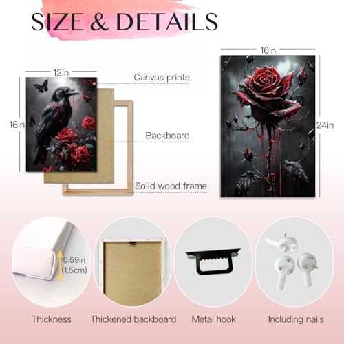 Wrapped Canvas Dark Goth Crow Rose Skull Wall Art Set of 3 (3 Count)