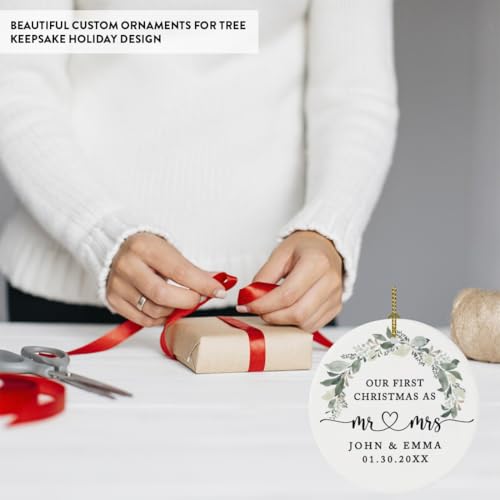 Personalized Our First Christmas As Mr. & Mrs. 2026 Christmas Ornaments Foliage Wreath 2.8" Round Porcelain Ceramic 1st Year Married Custom Ornament Keepsake for Newlyweds 1