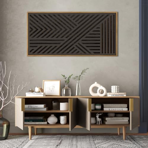 Extra Large Wood Black Wall Art 20x40 Inch Framed Abstract Geometric Wooden Wall Decor Modern Minimalist Neutral Wall Sculpture for Living room Bedroom Dining room Single