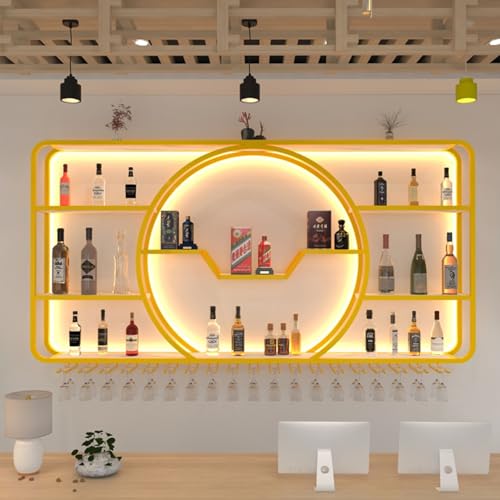 3 Tiers Metal Wine Rack Wall Mounted Modern With LED Light With Wine Glass Holder Large Liquor Bar Display Shelf