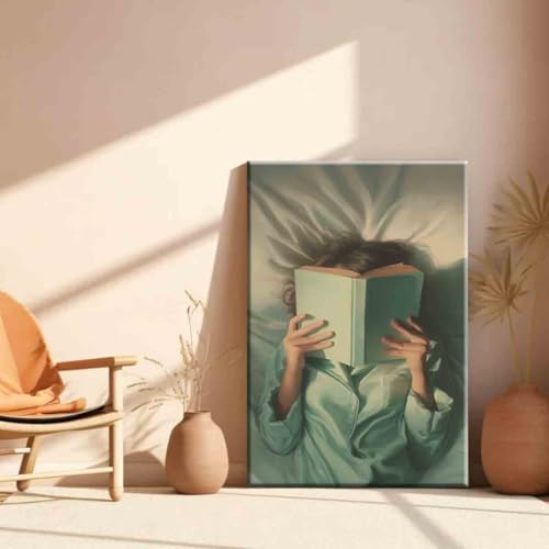 Emerald Green Reading Woman Wall Art Minimalist Abstract Portrait 16x24inch framed