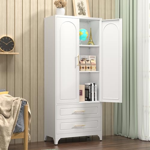 75" Tall White Metal Pantry Storage Cabinet with 2 Drawers