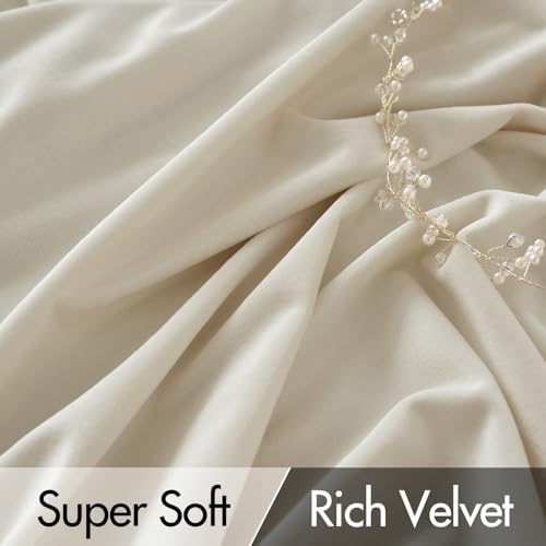 Cream Beige Velvet Pinch Pleat Blackout Curtains W52 X L96 Inches (2 Count)