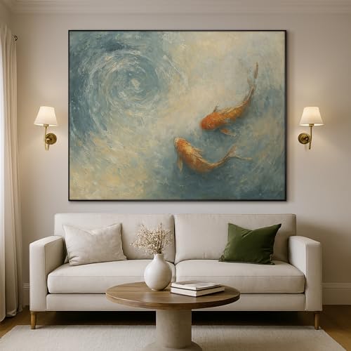 36"x46" Extra Large Framed Wall Art Koi Fish Swirl Tranquil Water Illustration for Home Living Room Bedroom Decor