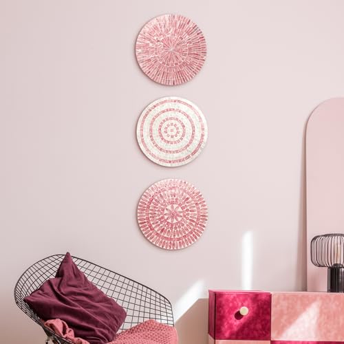 3 Pcs 11.8 Inches Modern Pink Mother of Pearl Shell Plate Preppy Coastal Pink Wall Art Mosaic Wall Sculpture Shell Handmade Hanging Plates Arts for Bedroom Bathroom Home Office Hotel (3 Count)