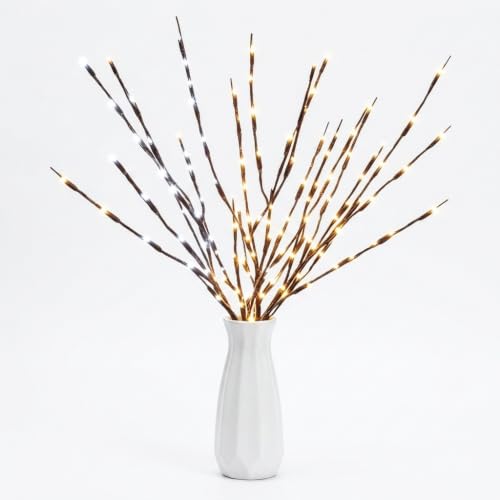 2Pack Warmlight + 2Pack Whitelight Led Branch Light Battery Operated Lighted Branch Vase Filler Willow Tree Artificial Little Twig Power Brown 30 Inch 20 LED for Home Decoration