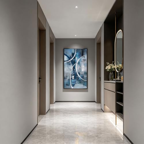 Blue Abstract Wall Art Modern Neutral Fluid Painting with Thin Black Frame