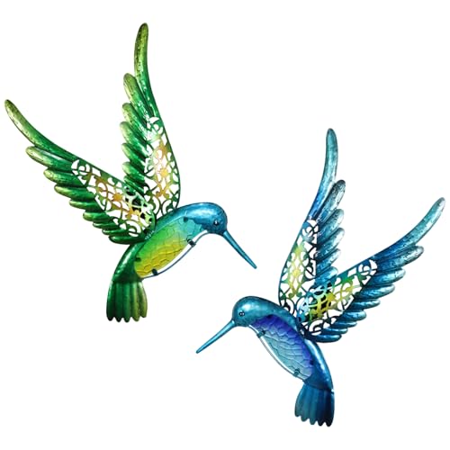 Metal Hummingbird Wall Art 15inch Metal Birds Wall Sculpture Garden Decoration Outdoor Statue Patio Fence Hanging Plaques 2 Pack (2 Count)