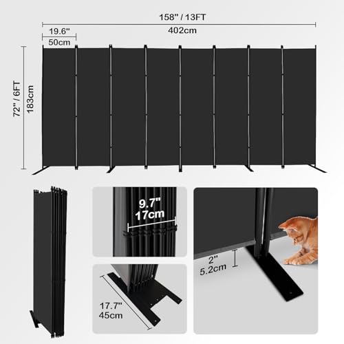 8 Panel Black Room Divider 6ft Tall Indoor Folding Privacy Screen (8 Count)
