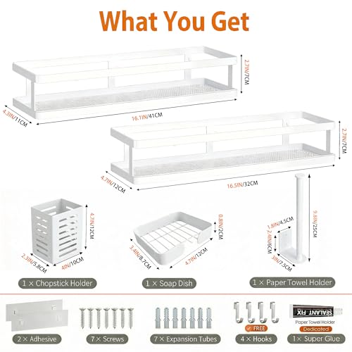 5-in-1 16.5" Extra Long Kitchen Organizer & Shower Caddy Set, Wall Mount Spice Rack with Paper Towel Holder, Utensil Holder & Soap Dish, Rustproof Mesh - White, Guardrail
