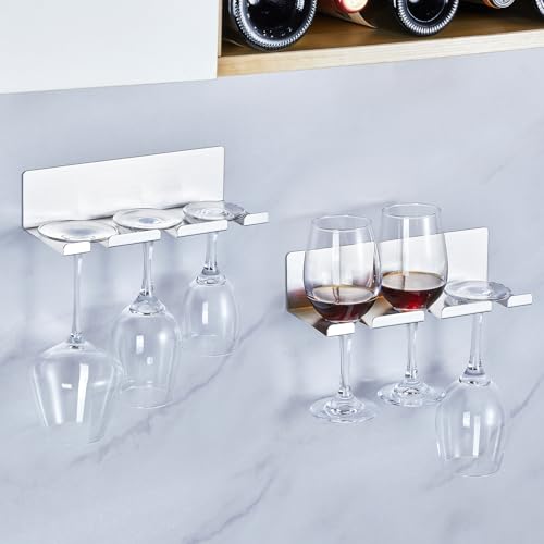 Wine Glass Holder Wine Glass Drying Rack Metal Hanging Stemware Rack Wall Mounted Adhesive Hanging Wine Glass Organizer Stemware Holder for Bar Restaurant Kitchen 2 Pack