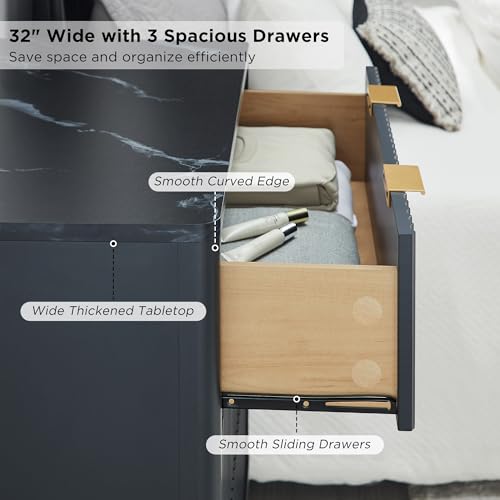 32" Large Fluted Nightstand with 3 Drawers Set of 2 (2 Count)