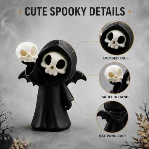 Halloween Miniature Skeleton Figurine Cute Grim Reaper Skeleton Holding Skull with Black Hooded Gothic Desktop Decoration Spooky Collectible Ornament for Home Office Party Cake Display Gift
