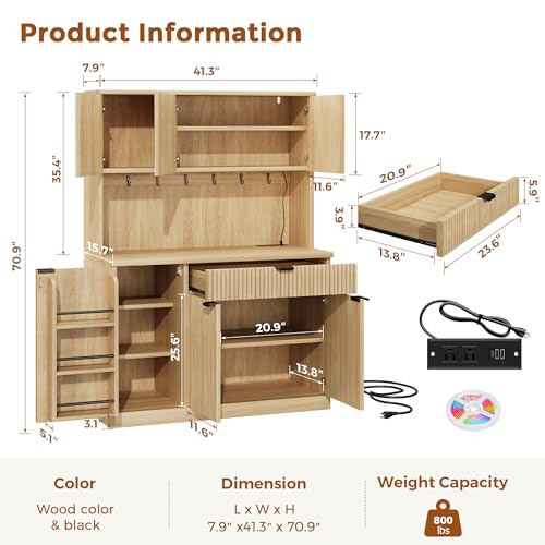 Fluted Kitchen Pantry Storage Cabinet with Charging Station & LED Lights