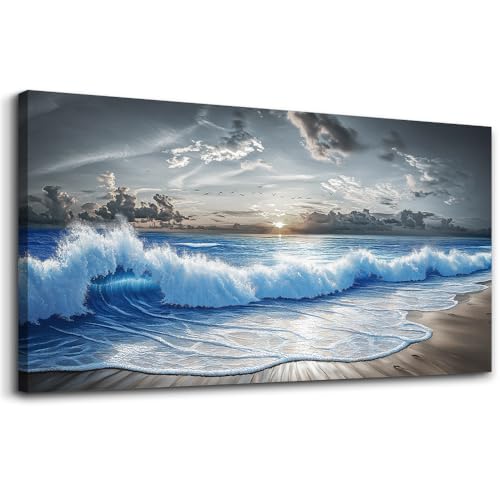 Wall Decor For Living Room Blue Ocean Wave Painting 20"X40"
