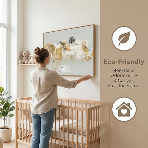 Wall Art Modern Zen Light Luxury Natural Landscape with Golden and White lines Background Wall Decor Canvas Prints for Living Room Bedroom 24x48 Inches