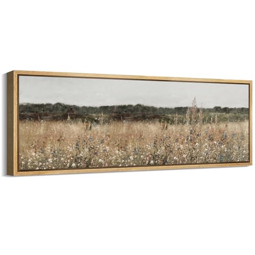 Large Framed Canvas Print Wall Art Misty Morning Meadow with Wildflowers Antique Retro Fine Art Illustrations Decorative Colorful for Bedroom