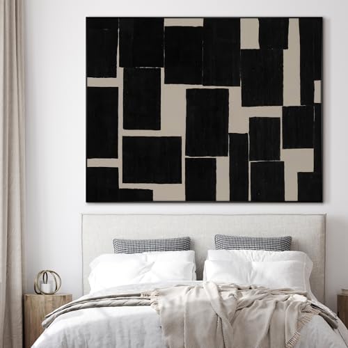 36"x46" Extra Large Framed Wall Art Modern Abstract Black and Beige Geometric Blocks for Home Living Room Bedroom Decor