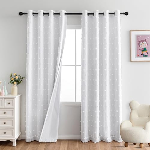 White Curtains 100% Blackout Curtains for Bedroom 80 Inch Long Light Blocking Drapes for Girls Room Thermal Insulated Room Darkening Curtains with Pom Pom Sheer Grommet Set of 2