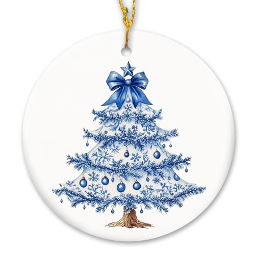 Blue Chinoiserie Snowflake Christmas Tree Ceramic Ornament