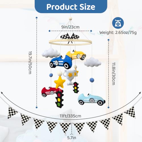 Race Car Baby Crib Mobile with 11 ft Pennant Banner Flags Handmade
