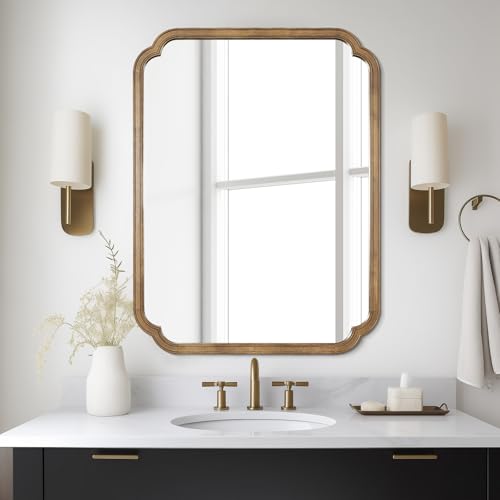 28" x 40" Rounded Corner Arch Wall Mirror with Wood Frame for Entryway