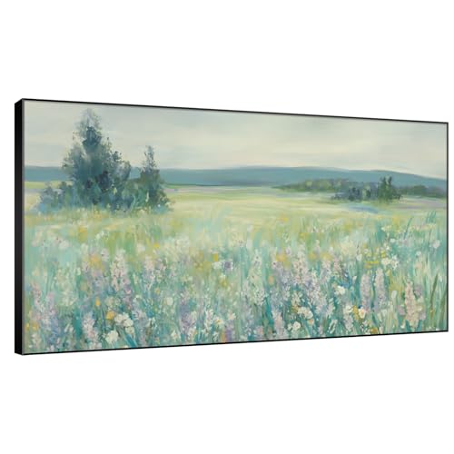 36"x60" Extra Large Framed Wall Art Wildflower Meadow Landscape Soft Pastel Nature Illustration for Home Living Room Bedroom Decor