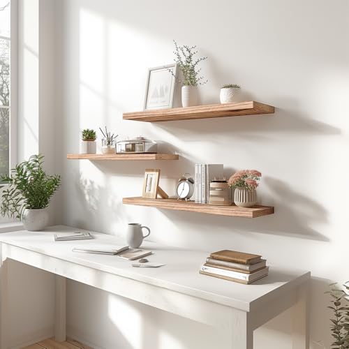 Light Wood Floating Shelves for Wall Rustic Wall Shelves for Bedroom Set of 6 (6 Count)