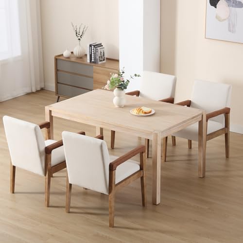 Modern Dining Chairs Set of 6 Linen Fabric Kitchen Arm Chairs Upholstered Accent Chairs with Wooden Legs for Dining Room (6 Count)