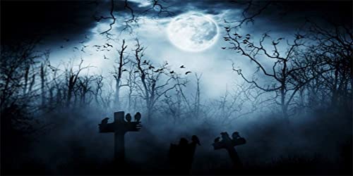 15x8ft Spooky Halloween Graveyard Backdrop Foggy Full Moon Horror Scene
