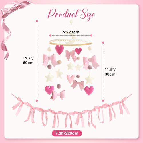Pink Bow Baby Crib Mobile with Pink Ribbon Bow Garland Banner