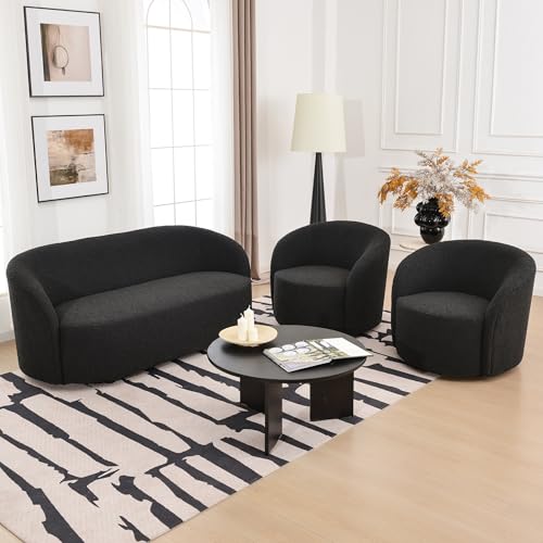 68" Boucle Loveseat Couch with 2 Swivel Barrel Chairs (3 Count)