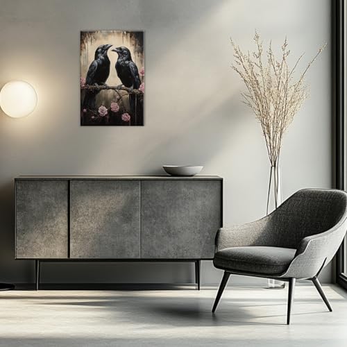 Crow Canvas Wall Art Black Raven Picture Print Pink Rose Poster Vintage Gothic Painting Artwork for Living Room Halloween Decor