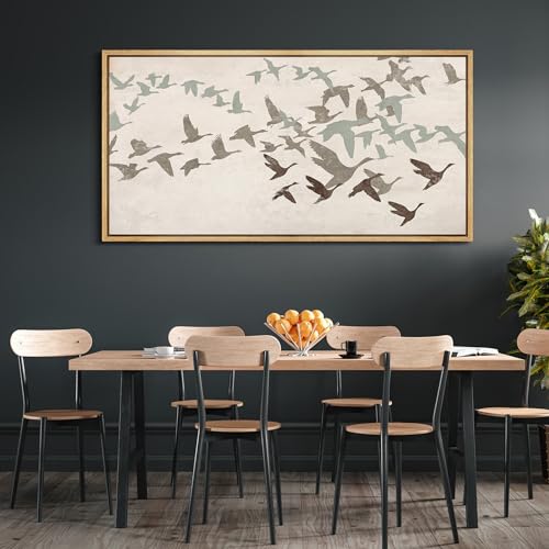 Extra Large Framed Canvas Print Wall Art Wild Freedom Assorted Birds in Flight Antique Retro Fine Art Illustrations Decorative Colorful for Bedroom