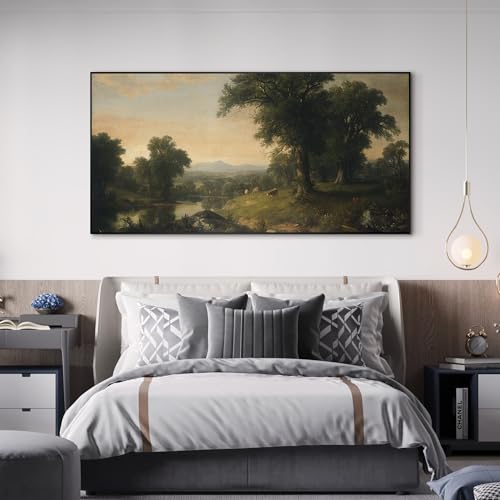 36"x72" Extra Large Framed Wall Art Classic River Valley Landscape Vintage Style Countryside with Trees and Cows Illustration for Home Living Room Bedroom Decor
