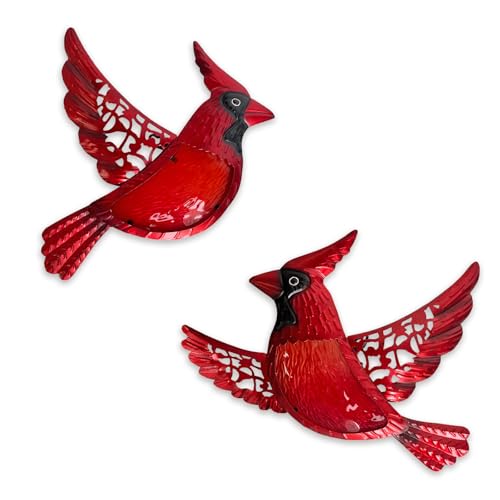 Metal Cardinal Wall Art 12inch Metal Birds Wall Sculpture Garden Decoration Outdoor Statue Patio Fence Hanging Plaques 2 Pack (2 Count)